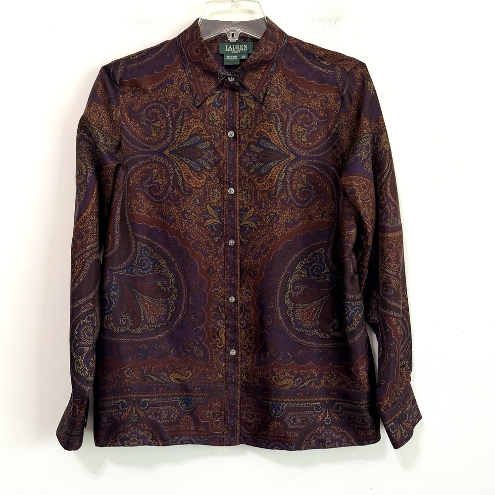 Lauren Ralph Lauren Silk Blouse 10 Petite Brown Paisley Button Front Long Sleeve
